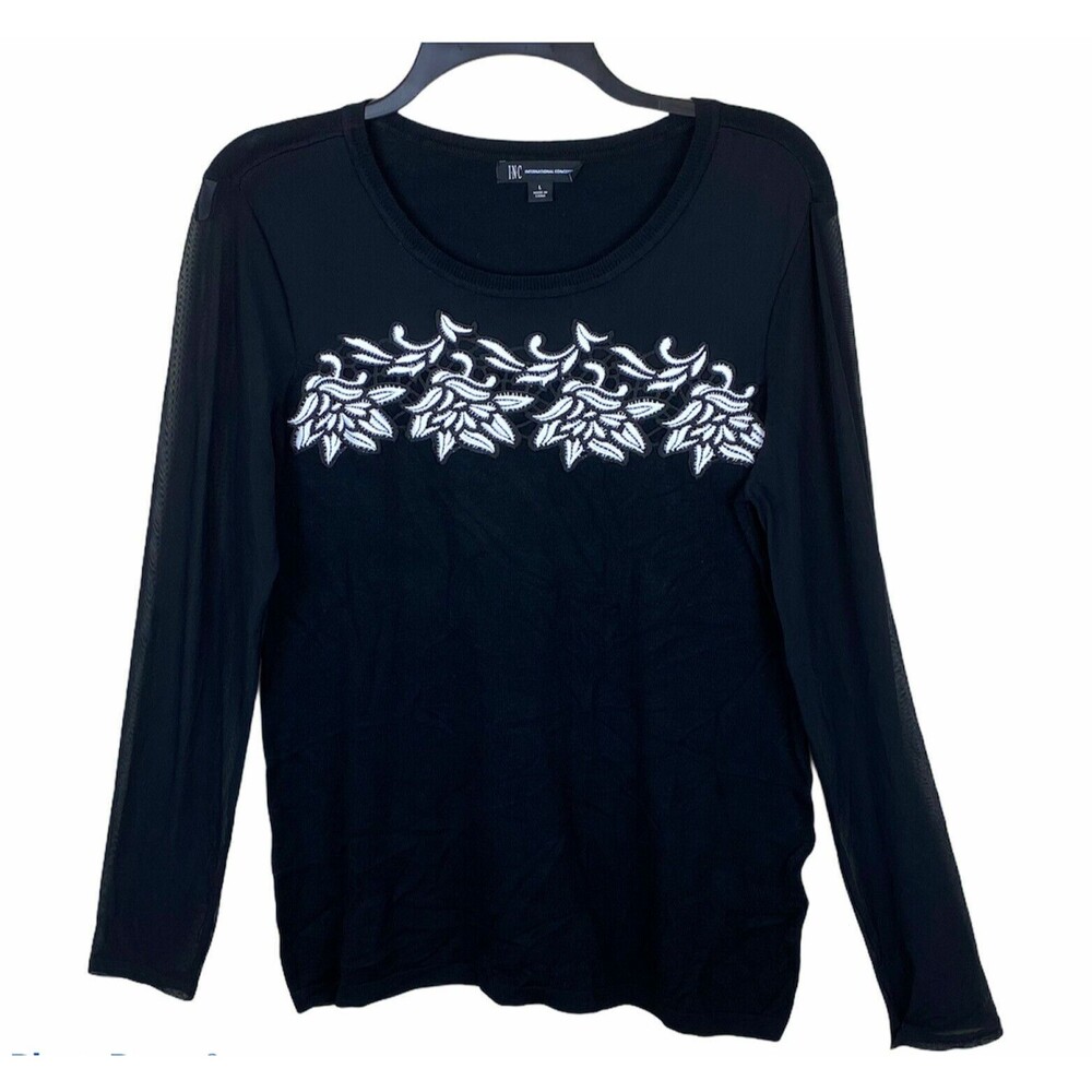 INC International Concepts Sweater Lace Trim Illusion Large Black Sheer Sleeve